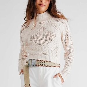 Free People Reina Cable Knit Sweater in Powder Puff NWT